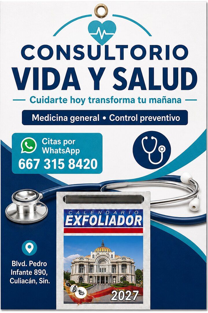 Respaldo de calendario 2027 para el Consultorio Vida y Salud, con sus especialidades, su WhatsApp para citas y su dirección en Culiacán