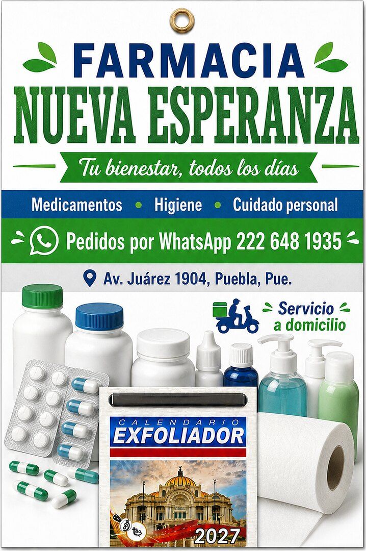 Respaldo de calendario 2027 para la Farmacia Nueva Esperanza, con su servicio a domicilio, su WhatsApp y su dirección en Puebla