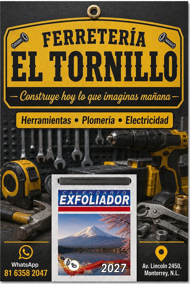 Respaldo de calendario 2027 para la Ferretería El Tornillo, con sus líneas de producto, su WhatsApp y su dirección en Monterrey