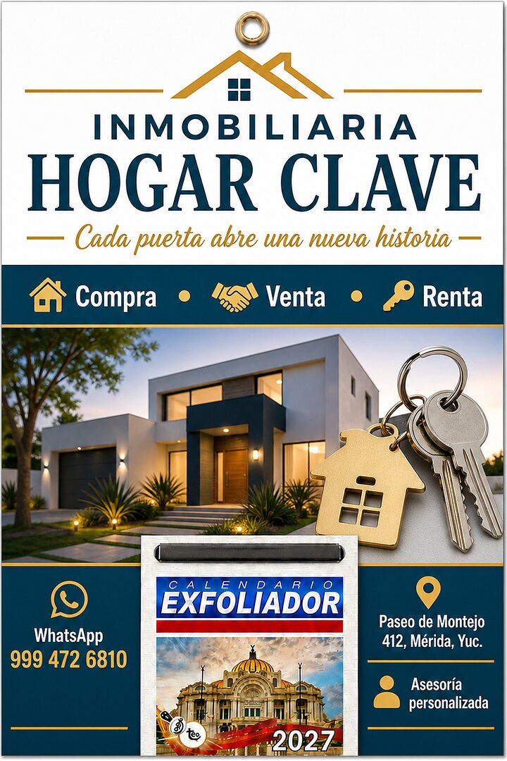 Respaldo de calendario 2027 para la Inmobiliaria Hogar Clave, con sus servicios de compra, venta y renta, su WhatsApp y su dirección en Mérida