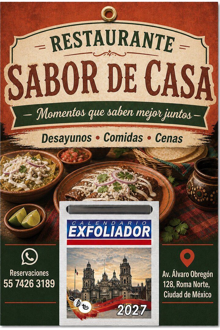 Respaldo de calendario 2027 para el Restaurante Sabor de Casa, con sus horarios de servicio, su WhatsApp y su dirección en la Ciudad de México