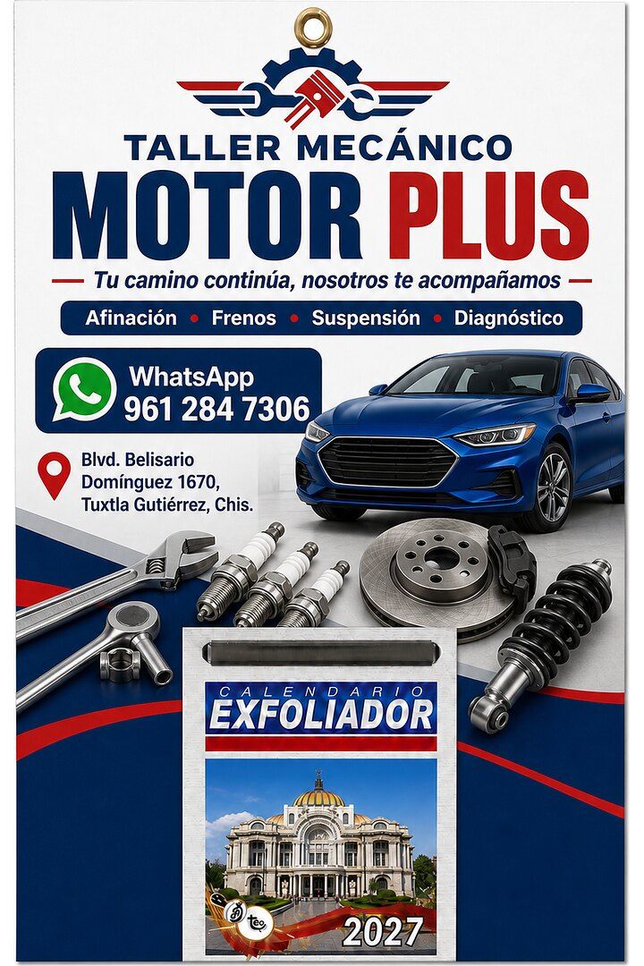 Respaldo de calendario 2027 para el Taller Mecánico Motor Plus, con sus servicios, su WhatsApp y su dirección en Tuxtla Gutiérrez
